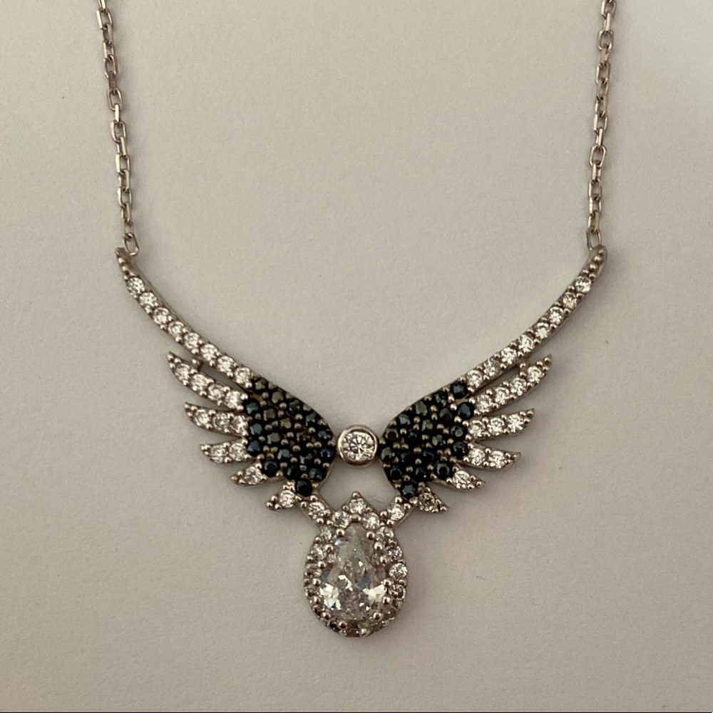 925 Silver angelwing necklace cz with big clear stone - Picture 1 of 4